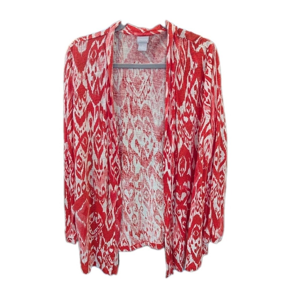 Chico's Red & White Open Drape Cardigan 100% Linen